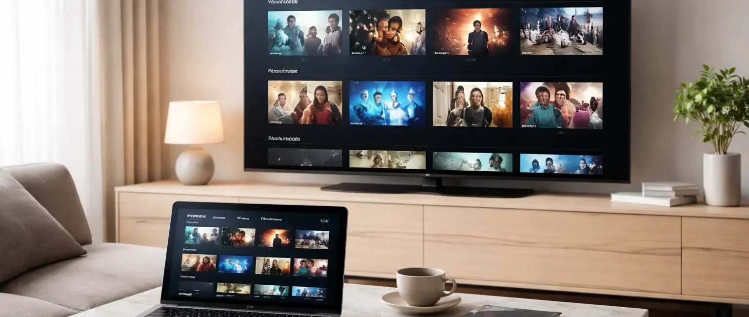 Écran de streaming minimaliste sur TV, ordinateur portable et smartphone dans un salon moderne.