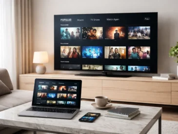 Écran de streaming minimaliste sur TV, ordinateur portable et smartphone dans un salon moderne.