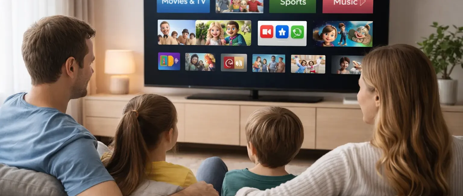 Famille assise sur un canapé regardant une interface de streaming sur une télévision dans un salon moderne