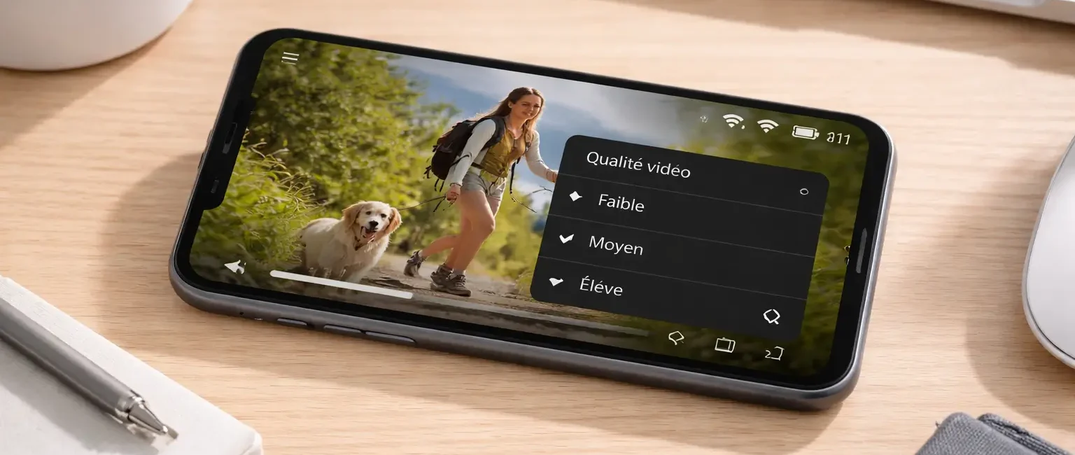 Smartphone avec réglages de qualité vidéo en streaming pour réduire la consommation de données dans un environnement minimaliste moderne.