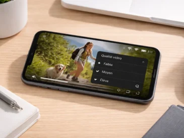 Smartphone avec réglages de qualité vidéo en streaming pour réduire la consommation de données dans un environnement minimaliste moderne.