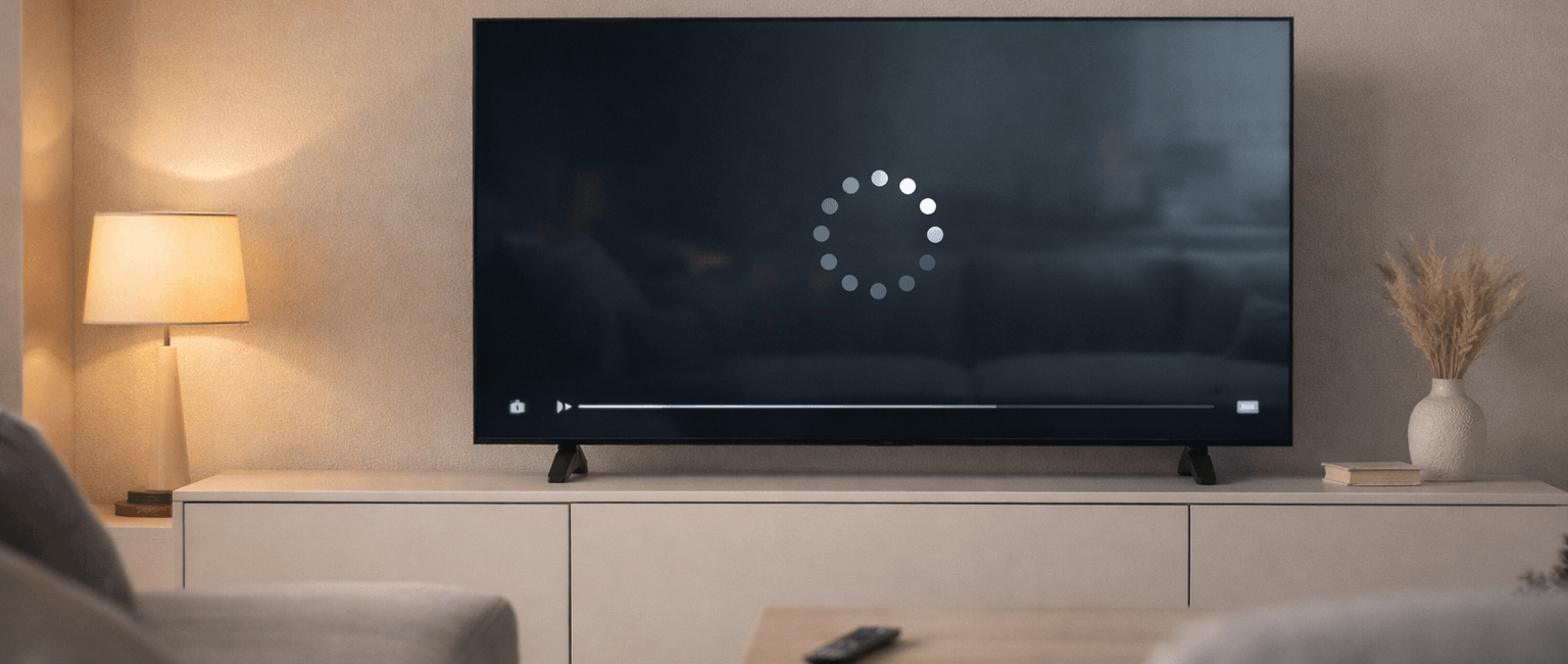 Problème de streaming vidéo avec écran bloqué et chargement en cours sur une télévision moderne, illustrant une connexion internet instable