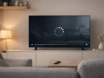 Problème de streaming vidéo avec écran bloqué et chargement en cours sur une télévision moderne, illustrant une connexion internet instable