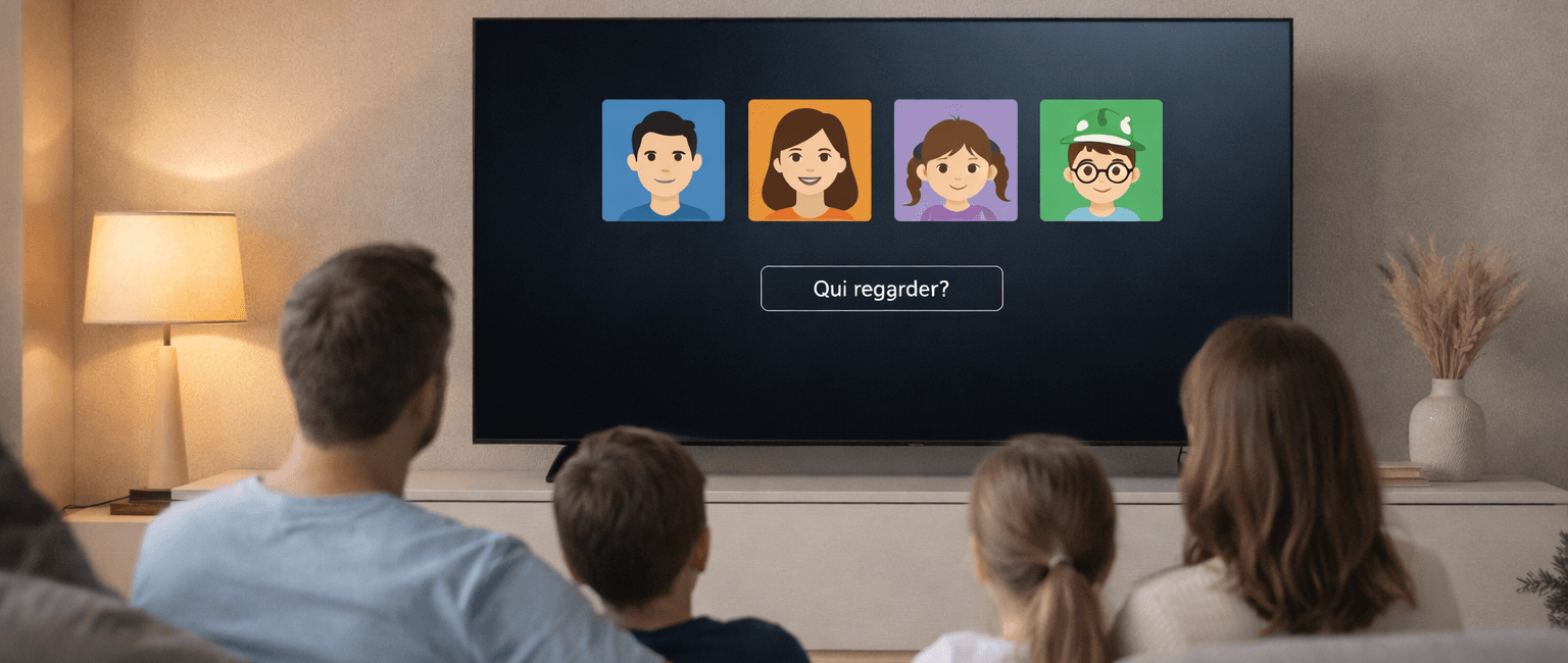 Famille utilisant un service de streaming avec plusieurs profils sur une télévision connectée dans un salon moderne, illustrant l’organisation des comptes et profils