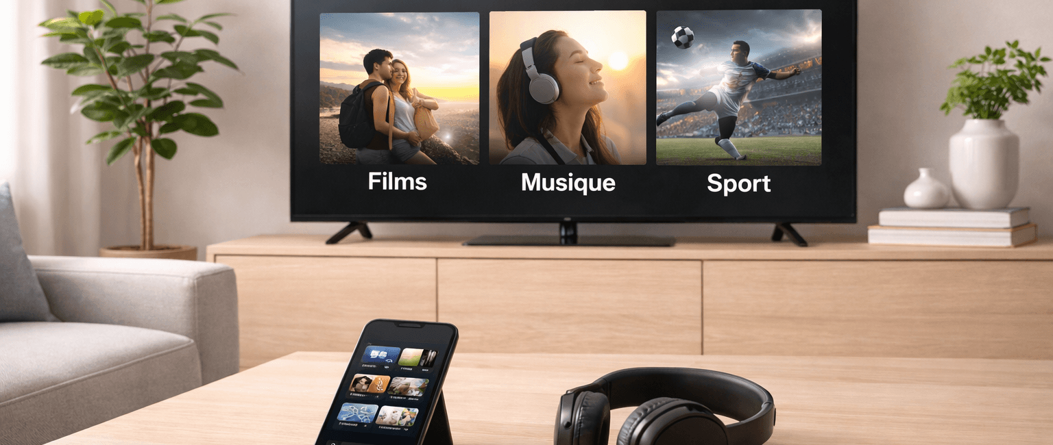 Interface de streaming avec catégories films, musique et sport sur TV avec smartphone et casque illustrant le choix d’une plateforme selon les besoins.