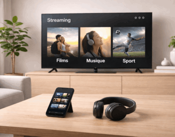 Interface de streaming avec catégories films, musique et sport sur TV avec smartphone et casque illustrant le choix d’une plateforme selon les besoins.