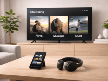 Interface de streaming avec catégories films, musique et sport sur TV avec smartphone et casque illustrant le choix d’une plateforme selon les besoins.
