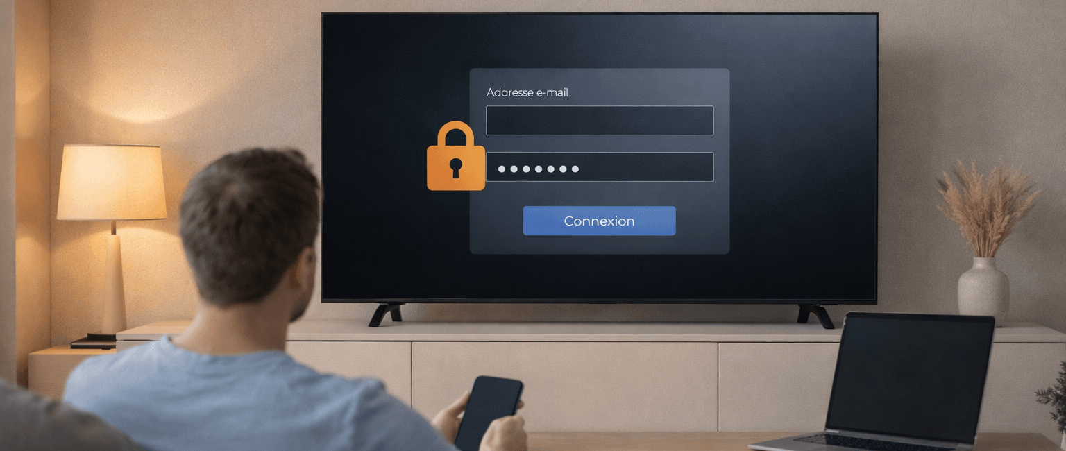 Utilisateur sécurisant son compte de streaming sur une télévision connectée avec écran de connexion et icône de sécurité, illustrant la protection des données et des comptes