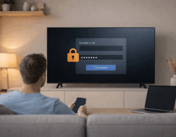 Utilisateur sécurisant son compte de streaming sur une télévision connectée avec écran de connexion et icône de sécurité, illustrant la protection des données et des comptes