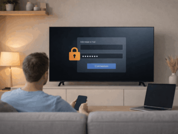 Utilisateur sécurisant son compte de streaming sur une télévision connectée avec écran de connexion et icône de sécurité, illustrant la protection des données et des comptes