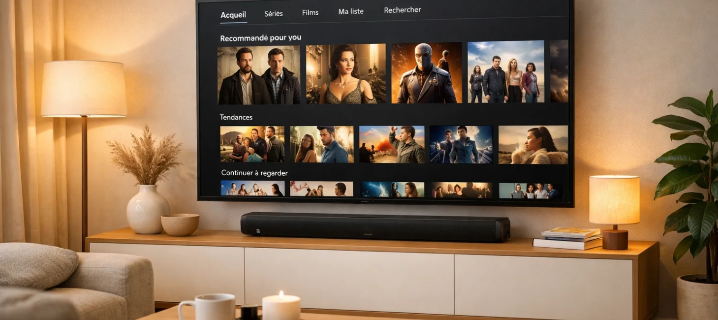 Télévision avec plateforme de streaming et barre de son dans un salon moderne