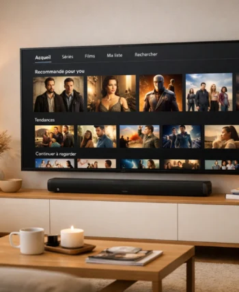 Télévision avec plateforme de streaming et barre de son dans un salon moderne