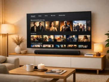 Télévision avec plateforme de streaming et barre de son dans un salon moderne
