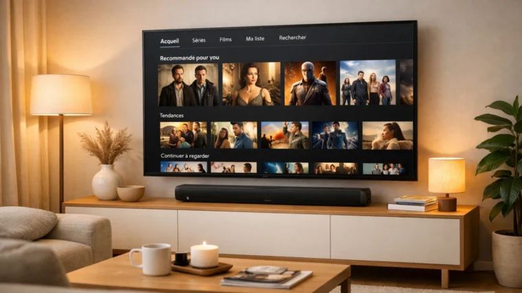 Télévision avec plateforme de streaming et barre de son dans un salon moderne