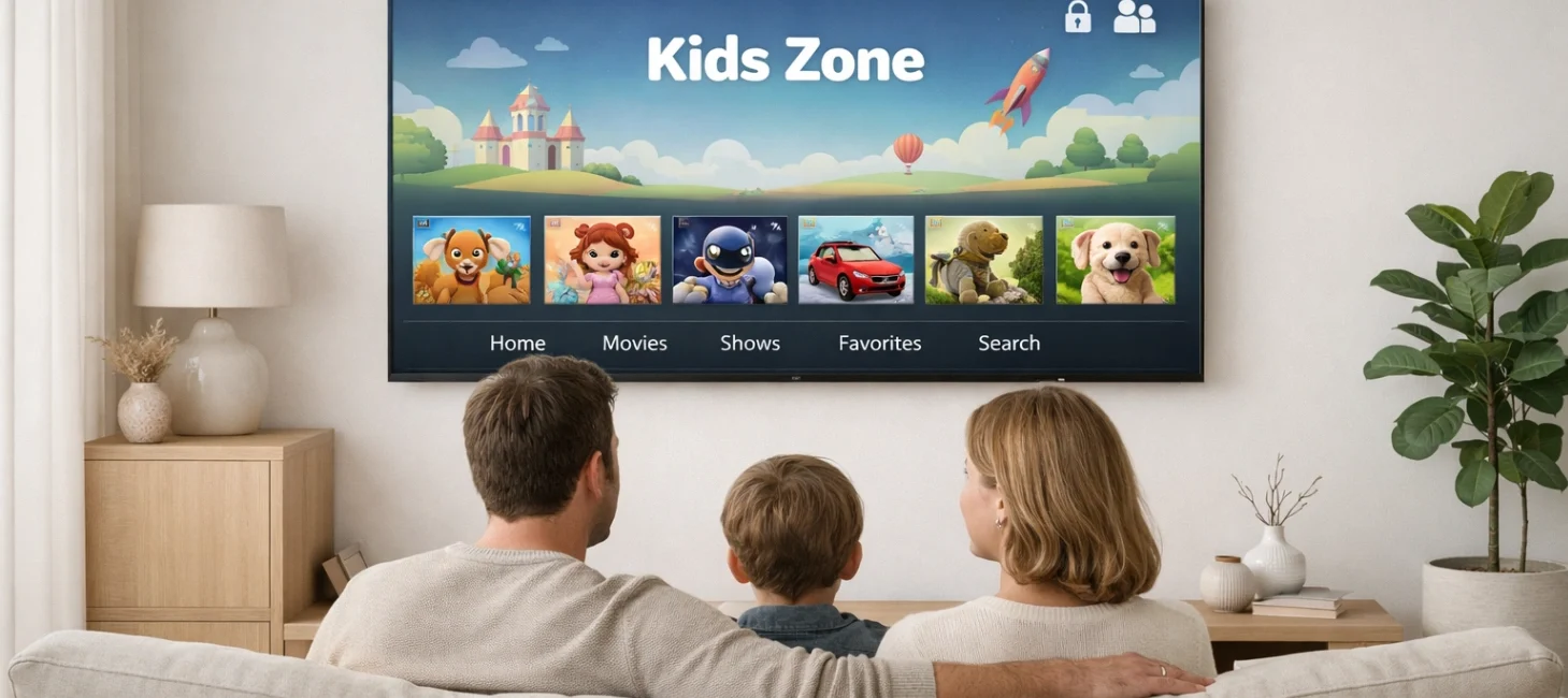 Salon familial moderne avec télévision affichant une interface de streaming avec contrôle parental