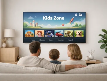 Salon familial moderne avec télévision affichant une interface de streaming avec contrôle parental