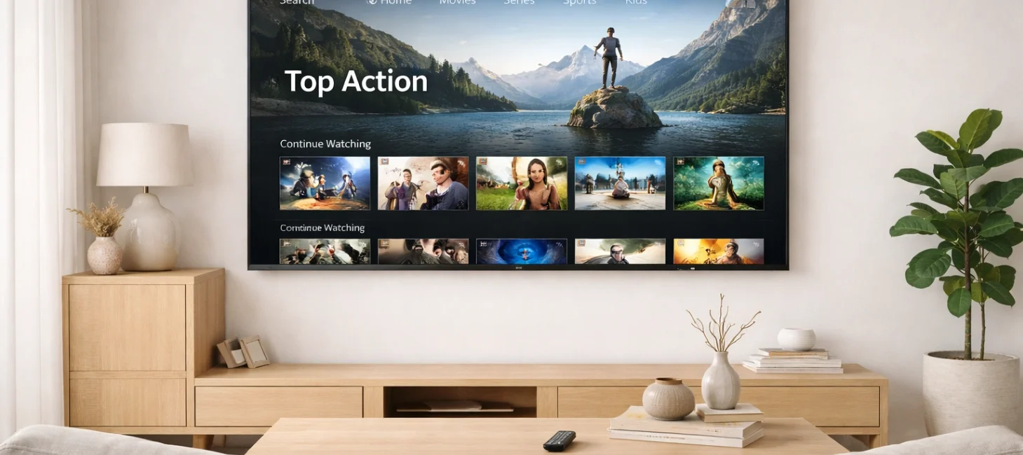 Salon moderne avec Smart TV affichant une image de streaming nette et lumineuse