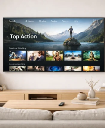 Salon moderne avec Smart TV affichant une image de streaming nette et lumineuse