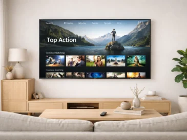 Salon moderne avec Smart TV affichant une image de streaming nette et lumineuse
